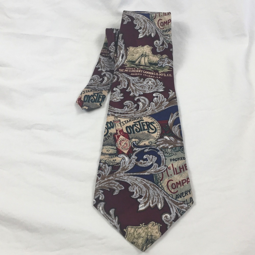 Tabasco Silk Tie Mens Vtg McIlhenny Co Oyster Hot Sauce Burgundy Navy Foodie
